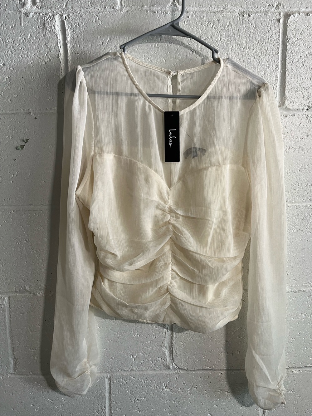 Lulu's Ivory Sheer Ruched Long-Sleeve Blouse